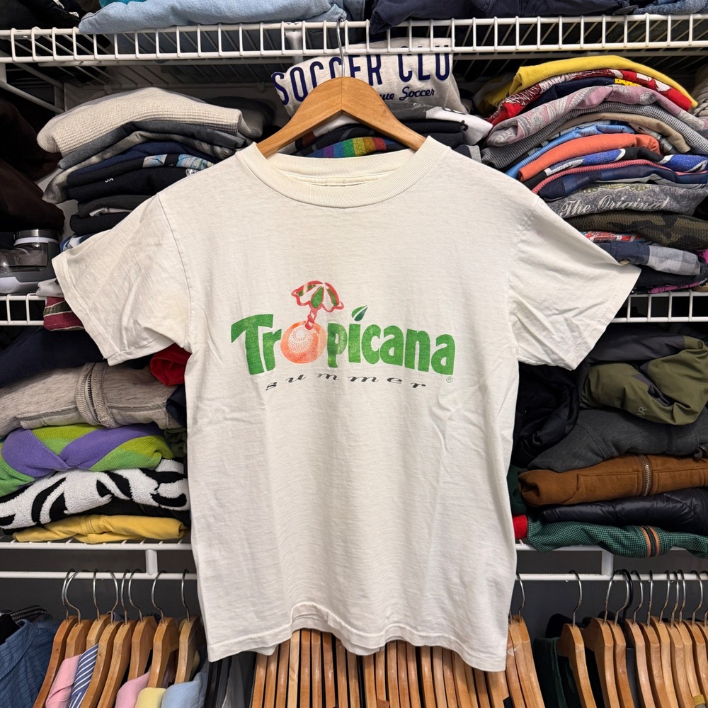 Vintage 90s Tropicana Summer T-Shirt Mens M White Graphic Cotton USA Made